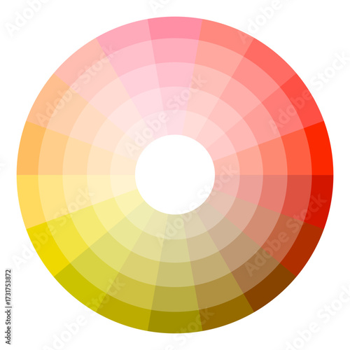 Bright color wheel illustration. Yellow gold spectrum. Circular chroma Vector guide. Gradient tone palette.