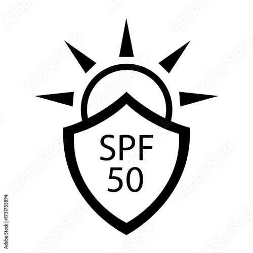 Sunscreen protection icon. SPF fifty symbol. SPF 50 rating. Vector shield illustration.