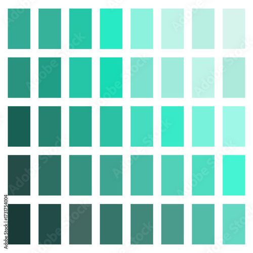 Teal color palette. Blue green squares. Tonal scale Vector spectrum. Chart swatch collection.