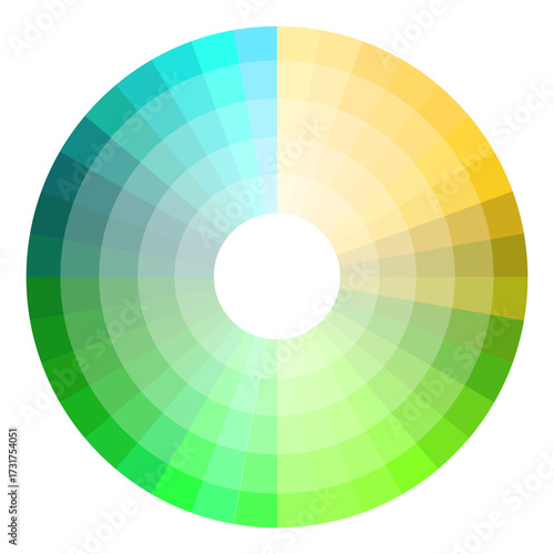 Full color wheel illustration. Partial yellow section. Circular chroma Vector guide. Gradient tone palette.