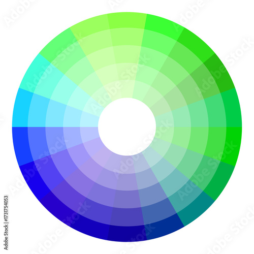 Deep color wheel illustration. Blue green spectrum. Circular chroma Vector guide. Gradient tone palette.