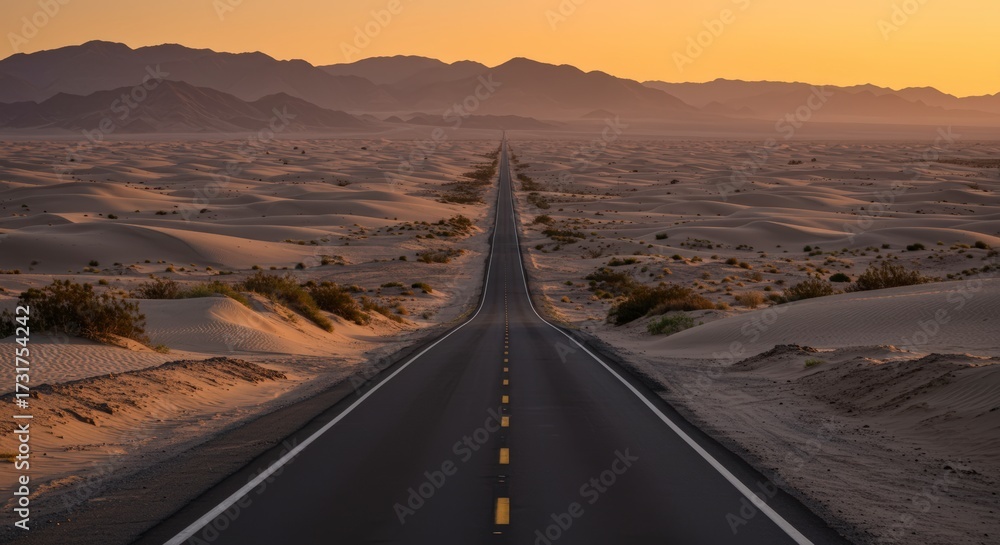 Fototapeta premium A long straight road stretches through a desert landscape at sunset with distant mountains and copy space