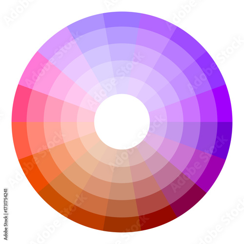 Warm color wheel illustration. Orange red spectrum. Circular chroma Vector guide. Gradient tone palette.