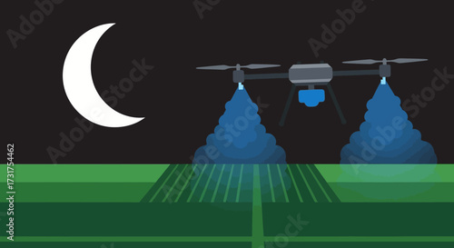 Drone spraying crops at night with moonlight illuminating the scene.