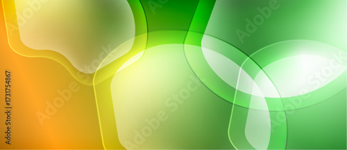 Abstract background features overlapping translucent shapes. Colors transition from orange, yellow, to vibrant green hues. Smooth gradients create soft visual effect.