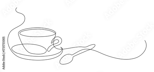Cup of tea, or coffee with spoon. Continuous line drawing.