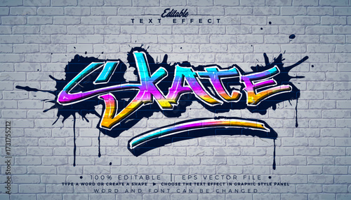 Editable Skate Graffiti Text Effect Design with Customizable Colorful Grunge Hand Drawn Street Art Font on Brick Wall Background. Vector Illustrator Graphic Style Premium Typography Lettering