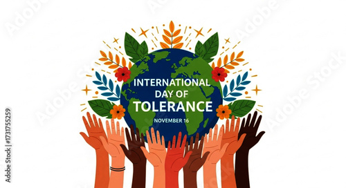 International Day of Tolerance Globe with Diverse Hands and Floral Accents