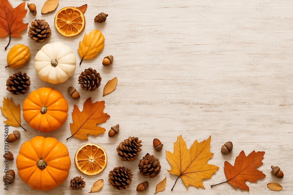 Fototapeta premium Autumnal Border Arrangement on White Wood Background flat eleme