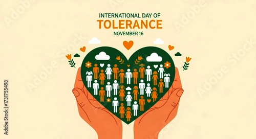 International Day of Tolerance: Hands holding a heart filled with diverse figures.