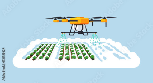 Drone spraying crops on a farm for precision agriculture.