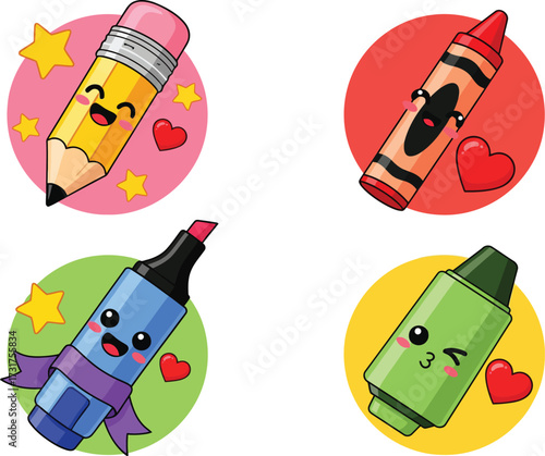 Colorful art supplies with adorable faces bring fun and creativity to kids education projects