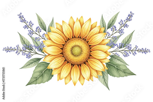 Vector art of watercolor sunflower arrangement floral composition with yellow flower, green leaf, and lavender sprig botanical illustration for wedding invitation, card, or decoration