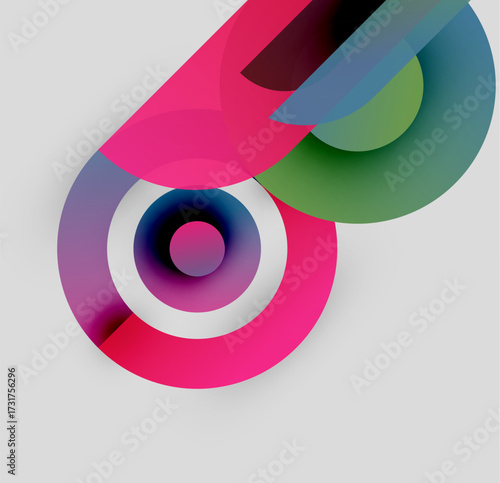 Abstract colorful shapes overlap, creating dynamic visual composition. Pink, blue, green hues dominate design. Modern, minimalist aesthetic.