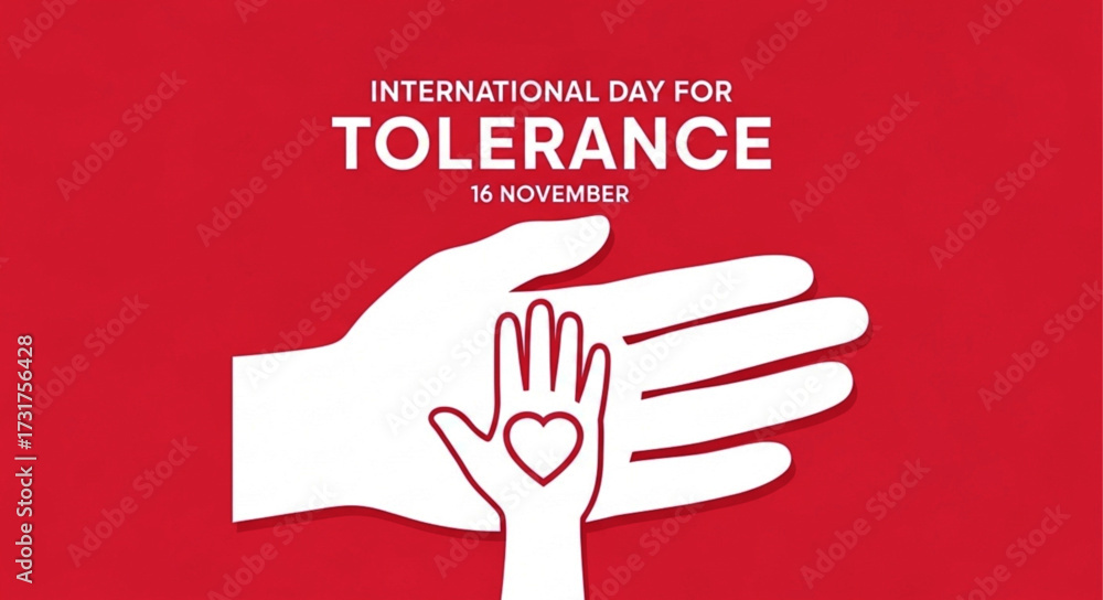 Fototapeta premium International Day for Tolerance illustration with hands and heart symbol on red background.