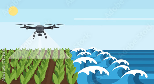 Drone spraying crops with advanced agricultural technology.