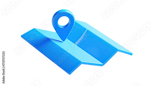 A bright blue 3D rendering of a map with a location pin, isolated on black