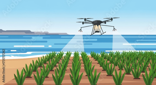 Drone spraying crops with advanced agricultural technology.