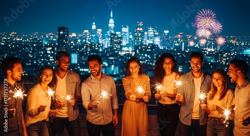 Friends celebrating with sparklers and fireworks over New York City skyline at night