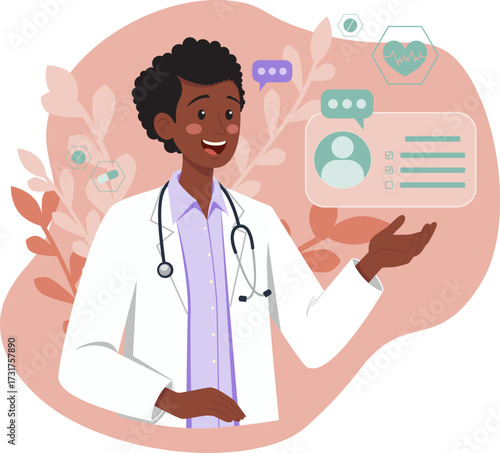 Dark skinned female doctor in a white lab coat with a stethoscope, gesturing toward digital medical icons. Suitable for healthcare, telemedicine, and medical technology themes. Doctor and plants