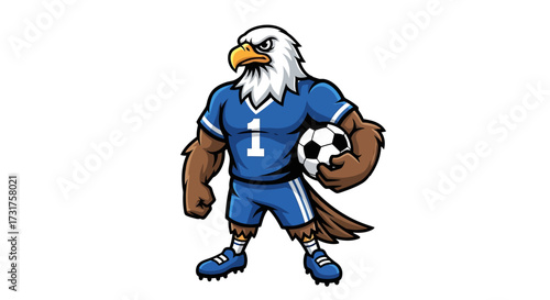 Cartoon eagle soccer player mascot holding a ball with a determined expression ready to win