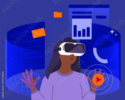Futuristic dark skinned woman using virtual reality headset. Modern woman with VR headset working with business data. Virtual interface with science and technology icons, digital future concepts.