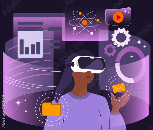 Futuristic dark skinned woman using virtual reality headset. Modern woman with VR headset working with business data. Virtual interface with science and technology icons, digital future concepts.