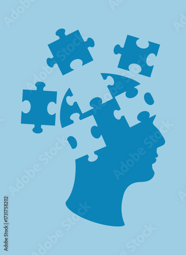 Silhouette of head made of blue puzzle pieces, symbolizing brain activity, education, memory and mental health. Abstract conceptual illustration of brain damage, psychological problems and stress.