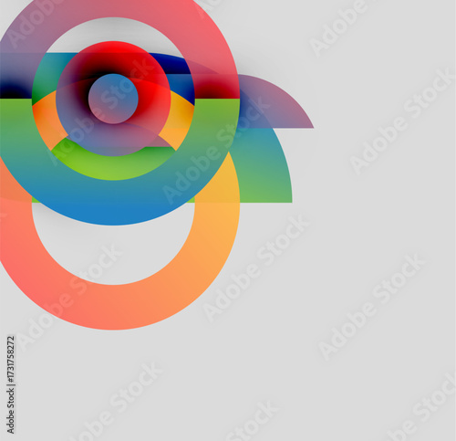 Abstract colorful circles overlap, creating dynamic visual effect. Gradient hues blend, forming modern composition. Minimalist design.