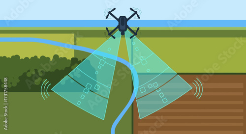 Drone spraying crops with precision agriculture technology.
