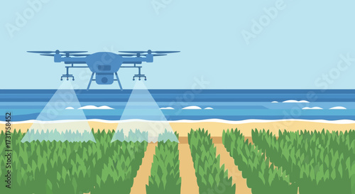 Drone spraying crops with precision agriculture technology.