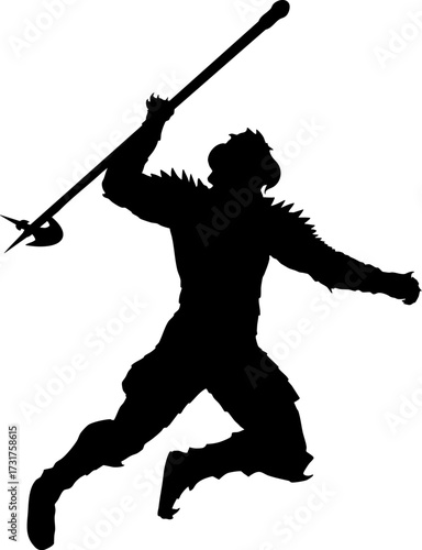 Abstract illustration of a fantasy warrior silhouette wearing horned and spiked armor in an aggressive pose. The strong, dynamic figure is ideal for heroic, battle-themed designs and concepts.