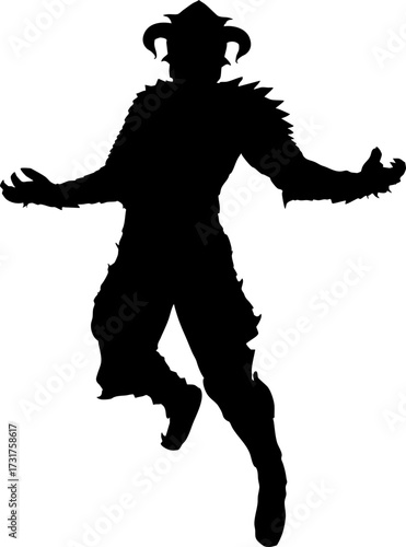 Abstract illustration of a fantasy warrior silhouette wearing horned and spiked armor in an aggressive pose. The strong, dynamic figure is ideal for heroic, battle-themed designs and concepts.