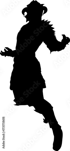 Abstract illustration of a fantasy warrior silhouette wearing horned and spiked armor in an aggressive pose. The strong, dynamic figure is ideal for heroic, battle-themed designs and concepts.