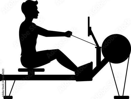 Black silhouette illustration of a man working out on an indoor rowing machine. The fitness activity emphasizes strength, endurance, and full body training for health and wellness.
