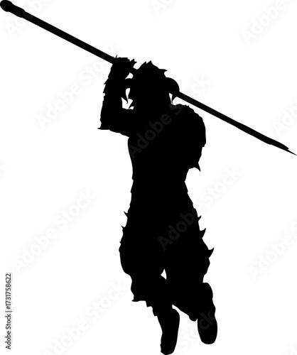 Abstract illustration of a fantasy warrior silhouette wearing horned and spiked armor in an aggressive pose. The strong, dynamic figure is ideal for heroic, battle-themed designs and concepts.