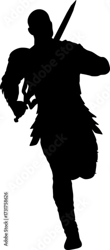 Silhouette of a warrior in battle armor in dynamic pose holding a sword. The figure displays strength, readiness, and combat motion, ideal for fantasy, battle, and heroic themed design projects.