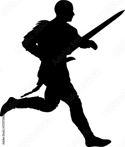 Silhouette of a warrior in battle armor in dynamic pose holding a sword. The figure displays strength, readiness, and combat motion, ideal for fantasy, battle, and heroic themed design projects.
