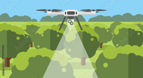 Drone spraying pesticides on crops for agricultural purposes.