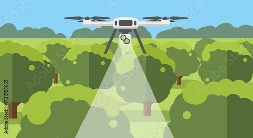 Drone spraying pesticides on crops with a beam of light.