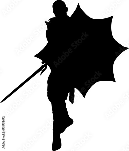 Silhouette of a warrior in battle armor in dynamic pose holding a sword. The figure displays strength, readiness, and combat motion, ideal for fantasy, battle, and heroic themed design projects.