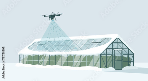 Drone spraying snow off greenhouse roof in winter agriculture technology.