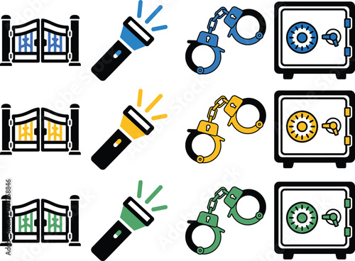 Set of security icons including gates, flashlights, handcuffs, and safes isolated on white background