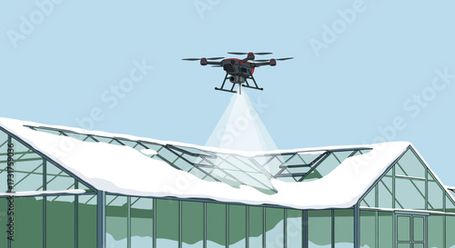 Drone spraying snow removal fluid on greenhouse roof.