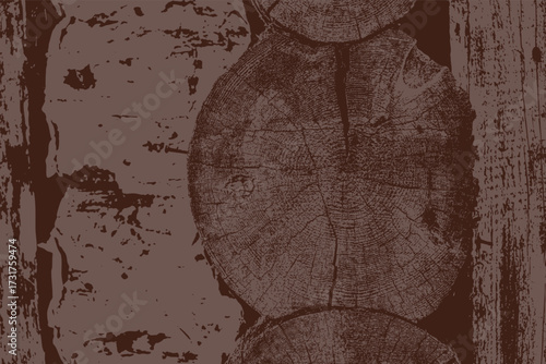 Detailed illustration of brown rustic wooden log wall with visible growth rings and weathered surface. High contrast texture design ideal for backgrounds, patterns, or natural wood-themed graphic proj