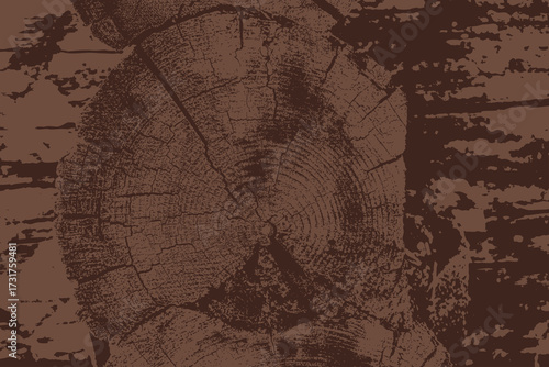 Detailed illustration of brown rustic wooden log wall with visible growth rings and weathered surface. High contrast texture design ideal for backgrounds, patterns, or natural wood-themed graphic proj