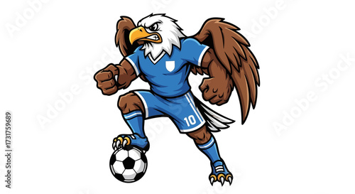 Aggressive eagle mascot playing soccer with determination and focused gaze