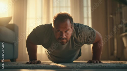 Middle-aged man with extra weight doing push-ups at home, focused and strong, showing motivation, health commitment, and personal progress.