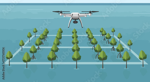 Drone surveying a plantation of young trees in a grid pattern.
