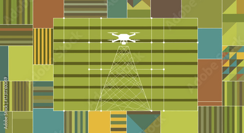 Drone surveying agricultural field with advanced technology.